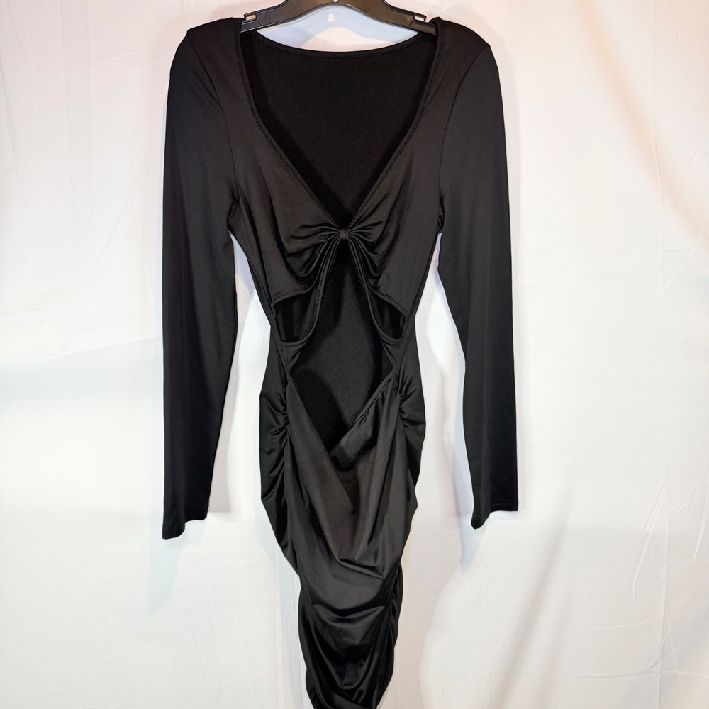 Women's Black Long Sleeve Cut Out Ruched Bodycon Mini Dress Size L‎
